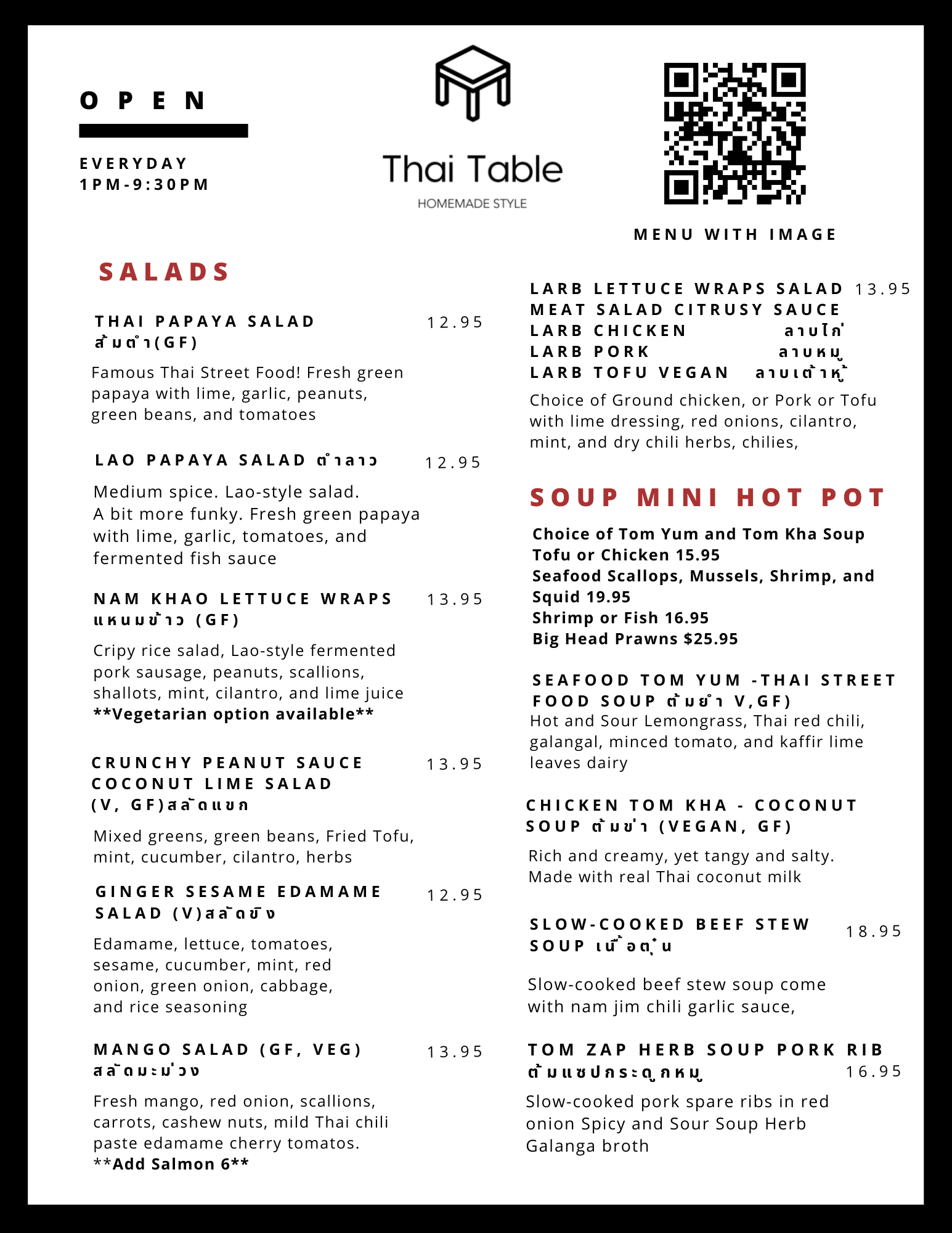 Table table deals menu